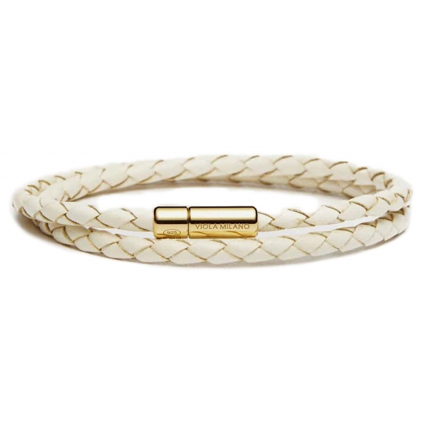 Viola Milano - Double Braided Italian Leather Bracelet Gold Clasp - Off White - Handmade in Italy - Luxury Exclusive Collection