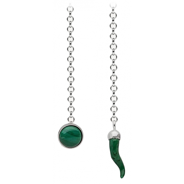 Viola Milano - Lapel Chain 100% Sterling Silver - Malachite Green Coral Horn - Handmade in Italy - Luxury Exclusive Collection