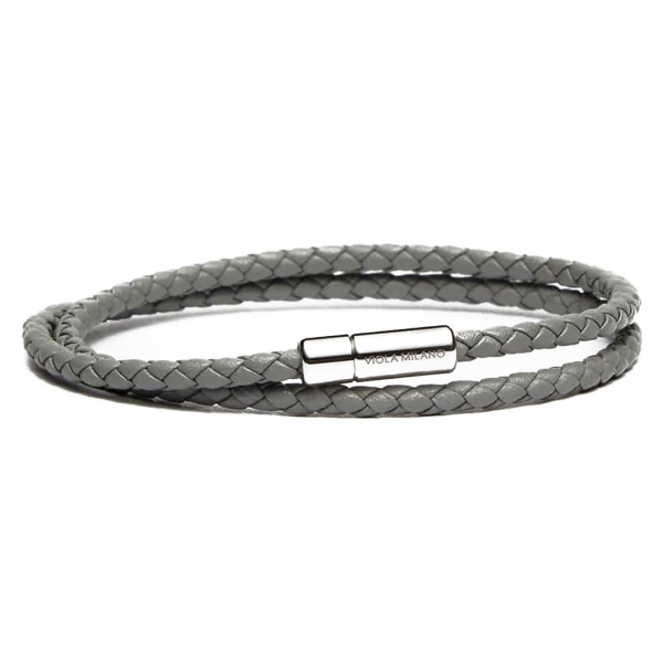 Viola Milano - Double Braided Italian Leather Bracelet - Grey - Handmade in Italy - Luxury Exclusive Collection