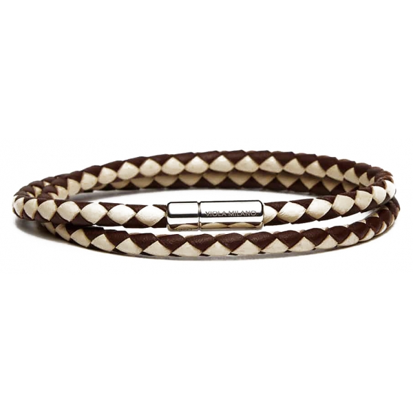 Viola Milano - Double Braided Two-Tone Italian Leather Bracelet - Brown Sand - Handmade in Italy - Luxury Exclusive Collection