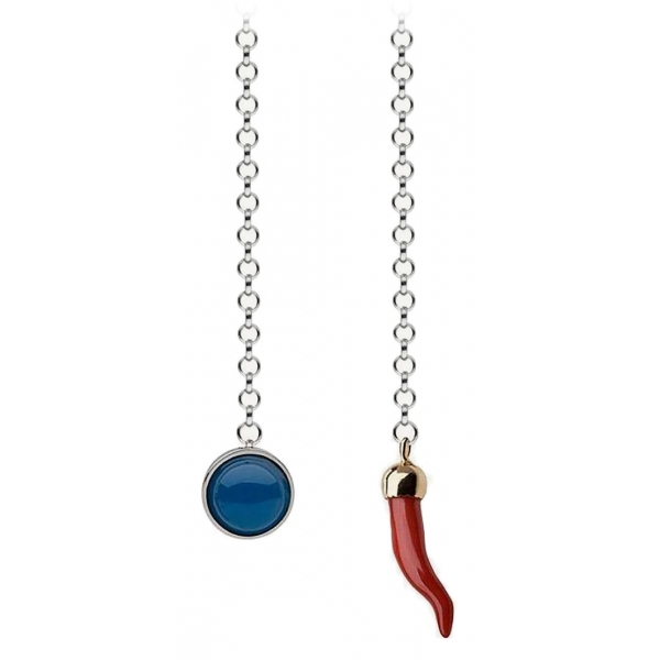 Viola Milano - Lapel Chain in 100% Sterling Silver - Blue Agate Red Coral Horn - Handmade in Italy - Luxury Exclusive Collection