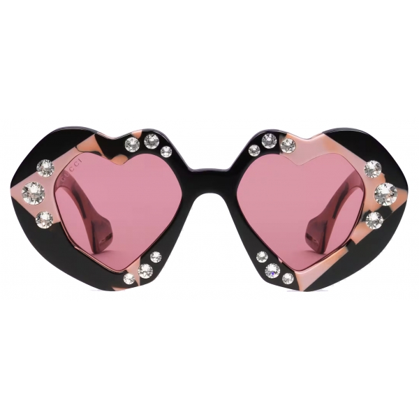 Gucci - Occhiale da Sole a Cuore con Cristalli - Nero Rosa - Gucci Eyewear