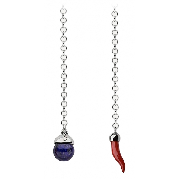 Viola Milano - Lapel Chain Sterling Silver - Lapislazzuli Ball with Coral Horn - Handmade in Italy - Luxury Exclusive Collection