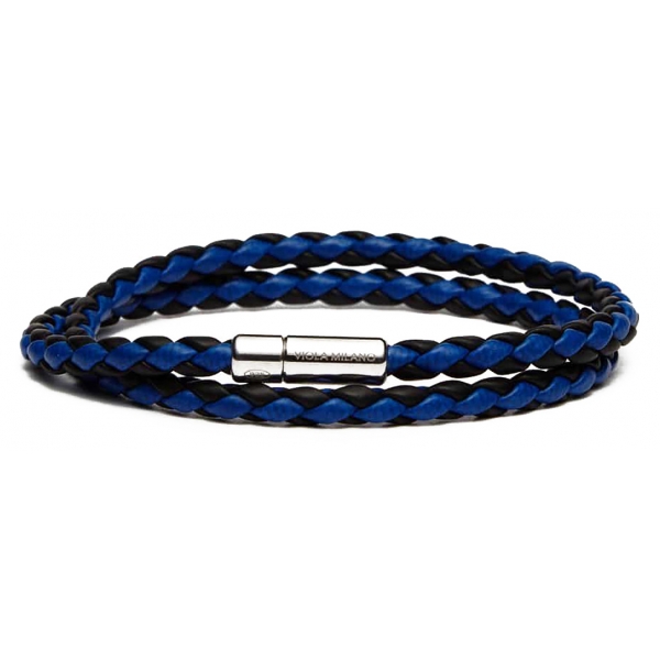 Viola Milano - Double Braided Two-Tone Italian Leather Bracelet - Black Blue - Handmade in Italy - Luxury Exclusive Collection