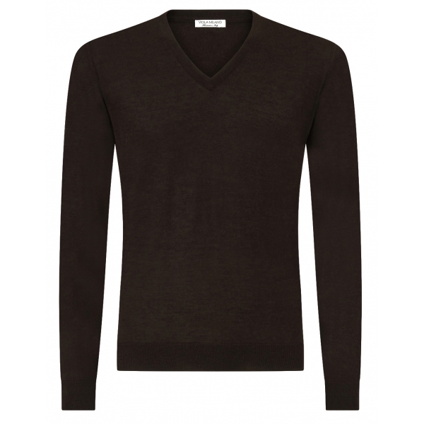 Viola Milano - Luxury Cashmere Blend V-Neck Sweater - Brown - Handmade in Italy - Luxury Exclusive Collection