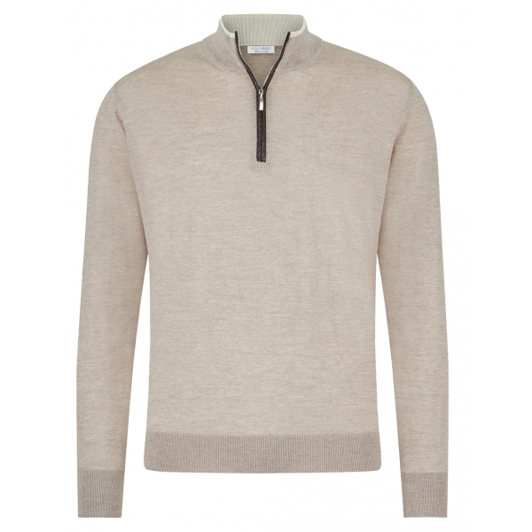 Viola Milano - Merino Wool Zip Sweater with Exotic Patch - Beige - Handmade in Italy - Luxury Exclusive Collection