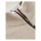 Viola Milano - Maglione con Zip in Lana Merino con Toppa Esotica - Beige - Handmade in Italy - Luxury Exclusive Collection