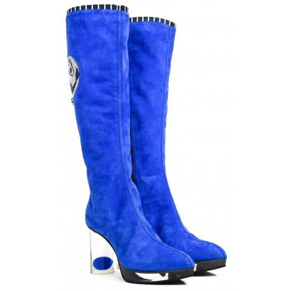 Suèi - High Bluette Boots with Transparent Heels and Yin&Yang Motive - Handmade in Italy - Luxury Exclusion Collection