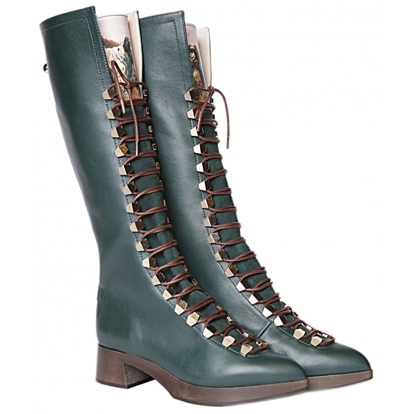 Suèi - High Lace-Ups Boots with Setters Art Printing - Handmade in Italy - Luxury Exclusive Collection
