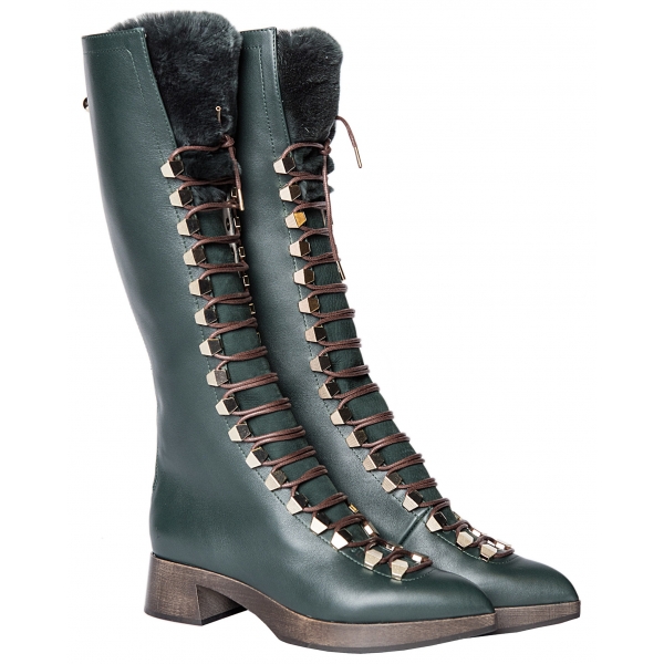 Suèi - High Lace-Ups Boots with Fur Details - Handmade in Italy - Luxury Exclusive Collection