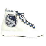 Suèi - Sneakers with Blue Stone Eyelets and Yin&Yang Motive - Handmade in Italy - Luxury Exclusive Collection