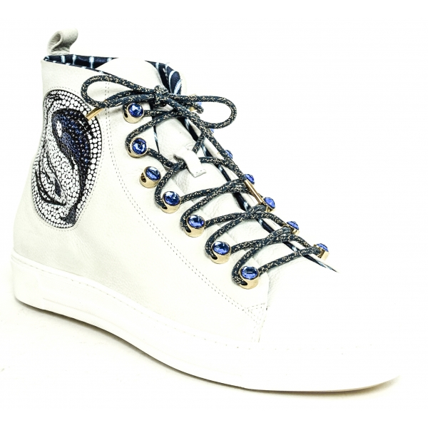 Suèi - Sneakers with Blue Stone Eyelets and Yin&Yang Motive - Handmade in Italy - Luxury Exclusive Collection