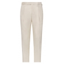 Viola Milano - Single Pleated Sartorial Cotton Pants Side Adjusters - Ivory - Handmade in Italy - Luxury Exclusive Collection