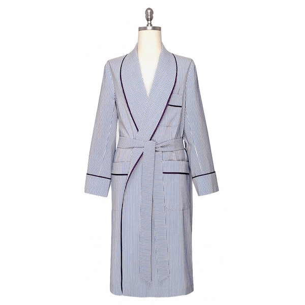 Viola Milano - Unlined Loro Piana Seersucker Dressing Gown - Sea/White - Handmade in Italy - Luxury Exclusive Collection