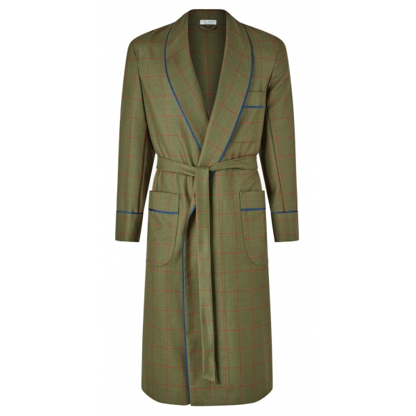 Viola Milano - Unlined Royal British Wool/Silk Dressing Gown - Green/Red Check - Handmade in Italy - Luxury Exclusive Collection