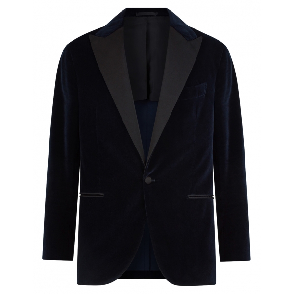 Viola Milano - Velvet Base Peak Lapel Tuxedo Jacket - Navy - Handmade in Italy - Luxury Exclusive Collection