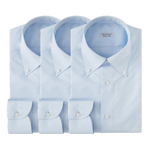 Viola Milano - 3 Classic Solid Package Button-Down Collar Shirt - Classic Blue - Handmade in Italy - Luxury Exclusive Collection