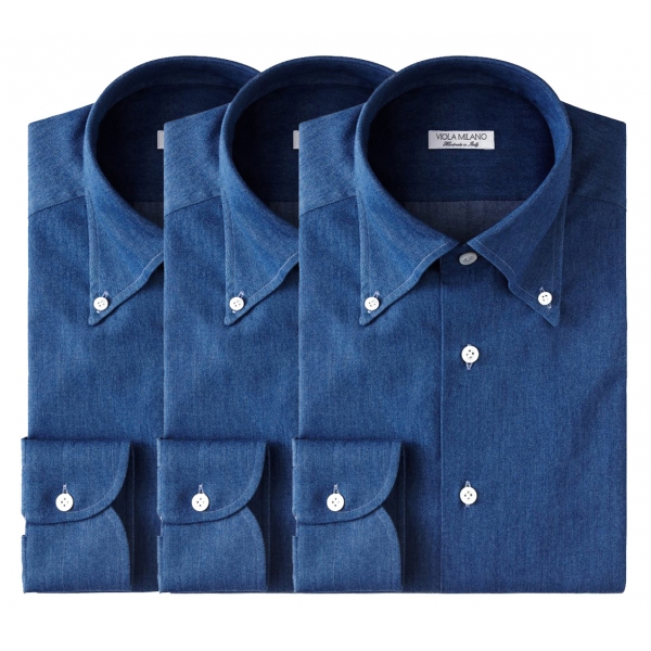 Viola Milano - 3 Classic Solid Package Button-Down Collar Shirt - Denim - Handmade in Italy - Luxury Exclusive Collection