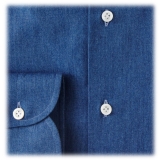Viola Milano - 3 Camicia con Colletto Button-Down in Tinta Unita - Denim - Handmade in Italy - Luxury Exclusive Collection
