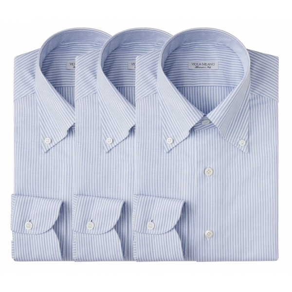 Viola Milano - 3 Oxford Stripe Package Button-Down Collar Shirt - Blue/White - Handmade in Italy - Luxury Exclusive Collection