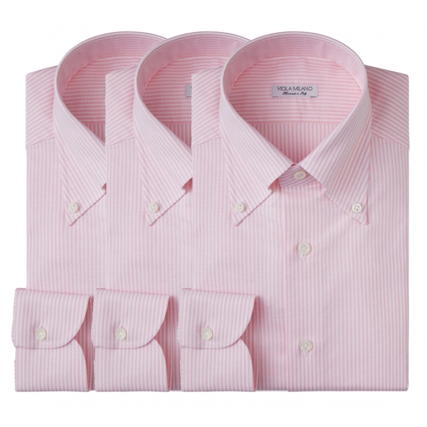 Viola Milano - 3 Oxford Stripe Package Button-Down Collar Shirt - Pink/White - Handmade in Italy - Luxury Exclusive Collection