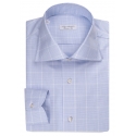 Viola Milano - Classic Check Cut-Away Collar Dress Shirt - Light Blue/White - Handmade in Italy - Luxury Exclusive Collection