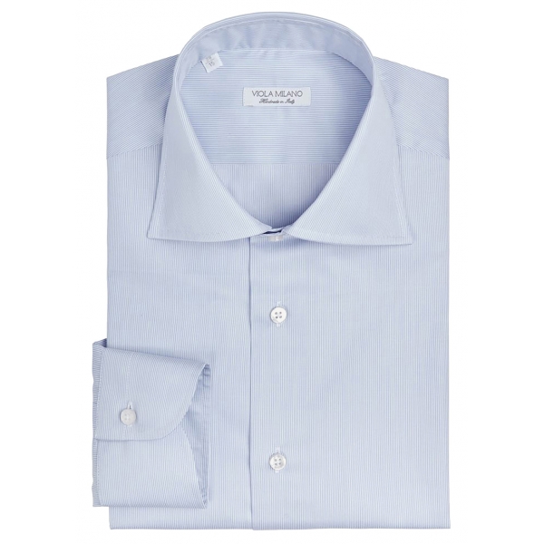 Viola Milano - Classic Micro Stripe Napoli Collar Dress Shirt - Blue/White - Handmade in Italy - Luxury Exclusive Collection