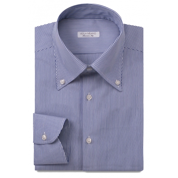 Viola Milano - Classic Stripe Button-Down Collar Dress Shirt - Navy/White - Handmade in Italy - Luxury Exclusive Collection