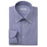 Viola Milano - Camicia Classica con Colletto Abbottonato a Righe - Navy/Bianco - Handmade in Italy - Luxury Exclusive Collection