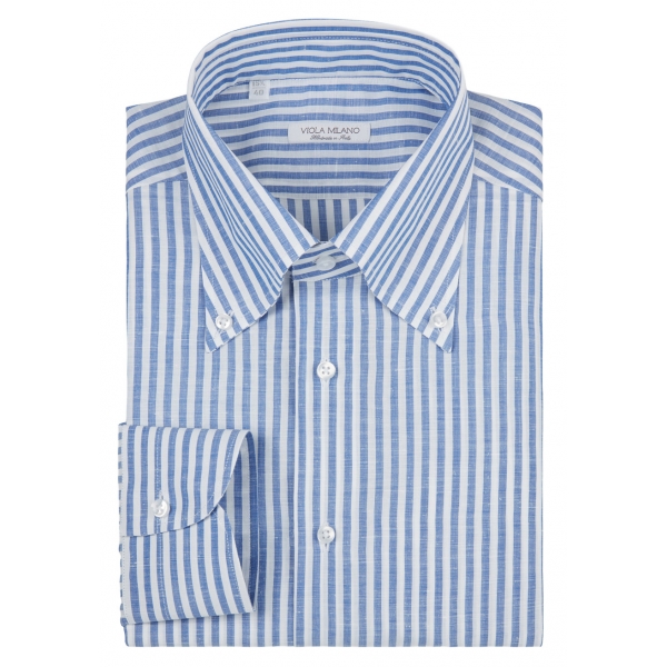 Viola Milano - Classic Stripe Carlo Riva 100% Linen Button-Down Shirt - Blue - Handmade in Italy - Luxury Exclusive Collection