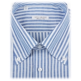 Viola Milano - Camicia Button Down Carlo Riva 100% Lino a Righe - Blu - Handmade in Italy - Luxury Exclusive Collection