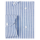 Viola Milano - Camicia Button Down Carlo Riva 100% Lino a Righe - Blu - Handmade in Italy - Luxury Exclusive Collection