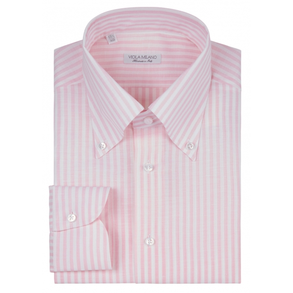 Viola Milano - Stripe Carlo Riva 100% Linen Button-Down Shirt - Pink Stripe - Handmade in Italy - Luxury Exclusive Collection