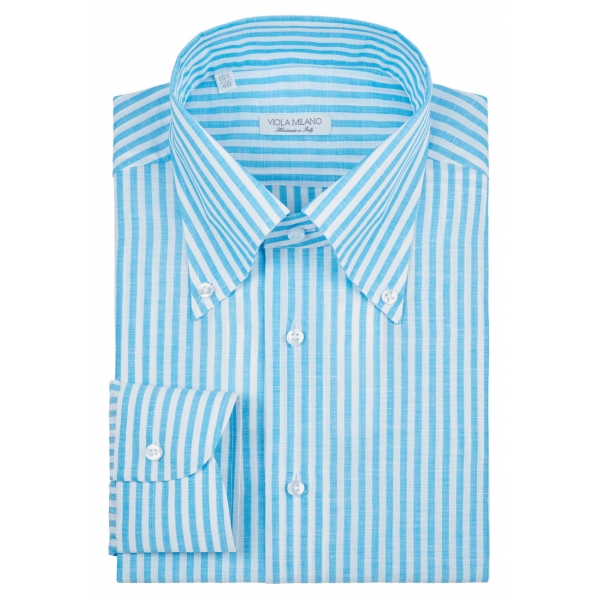 Viola Milano - Stripe Carlo Riva 100% Linen Button-Down Shirt - Turquoise - Handmade in Italy - Luxury Exclusive Collection