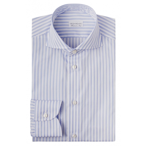 Viola Milano - Classic Stripe Cut-Away Collar Dress Shirt - Blue/White - Handmade in Italy - Luxury Exclusive Collection