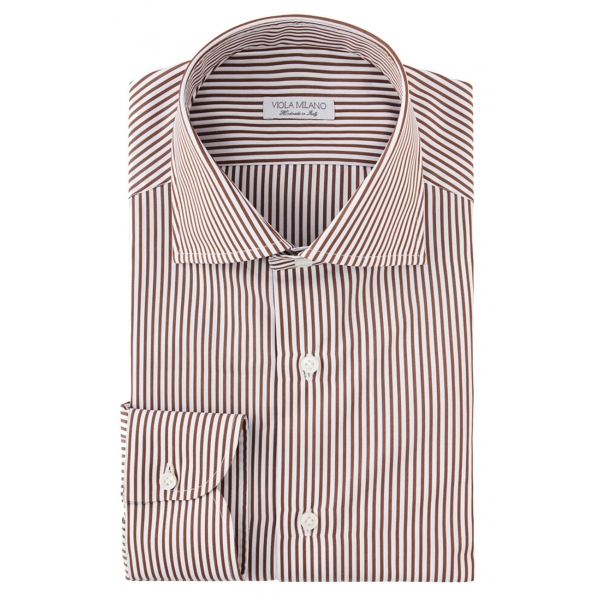 Viola Milano - Classic Stripe Cut-Away Collar Dress Shirt - Brown/White - Handmade in Italy - Luxury Exclusive Collection