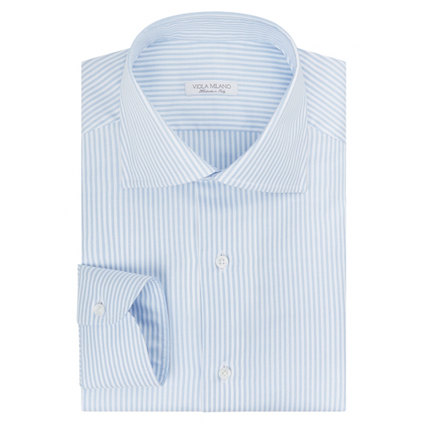 Viola Milano - Classic Stripe Cut-Away Collar Dress Shirt - Light Blue Oxford - Handmade in Italy - Luxury Exclusive Collection