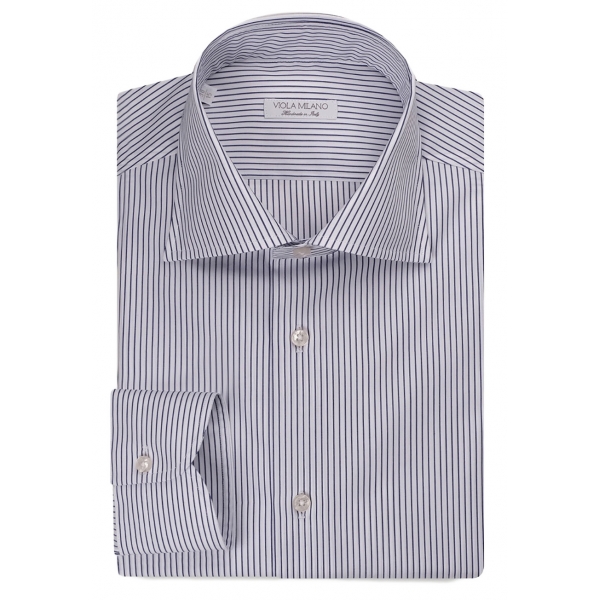 Viola Milano - Classic Stripe Cut-Away Collar Dress Shirt - Midnight/White - Handmade in Italy - Luxury Exclusive Collection