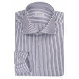 Viola Milano - Classic Stripe Cut-Away Collar Dress Shirt - Midnight/White - Handmade in Italy - Luxury Exclusive Collection