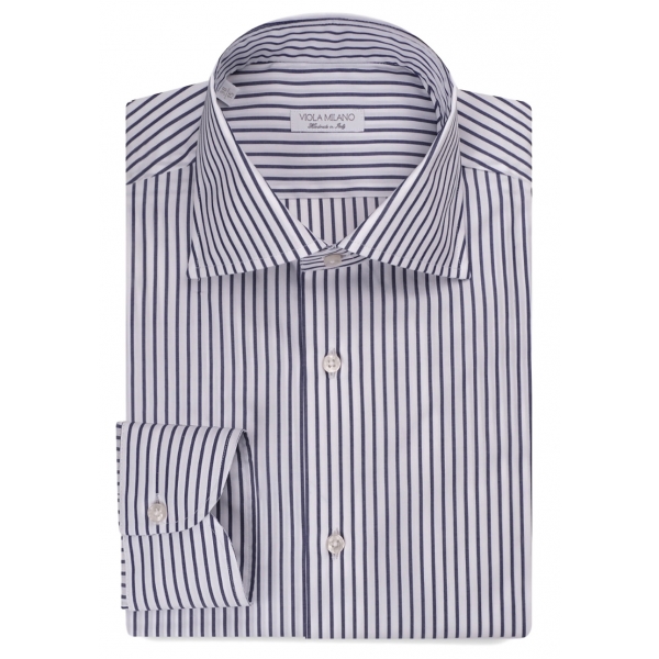 Viola Milano - Classic Stripe Cut-Away Collar Dress Shirt - Midnight/White LL - Handmade in Italy - Luxury Exclusive Collection