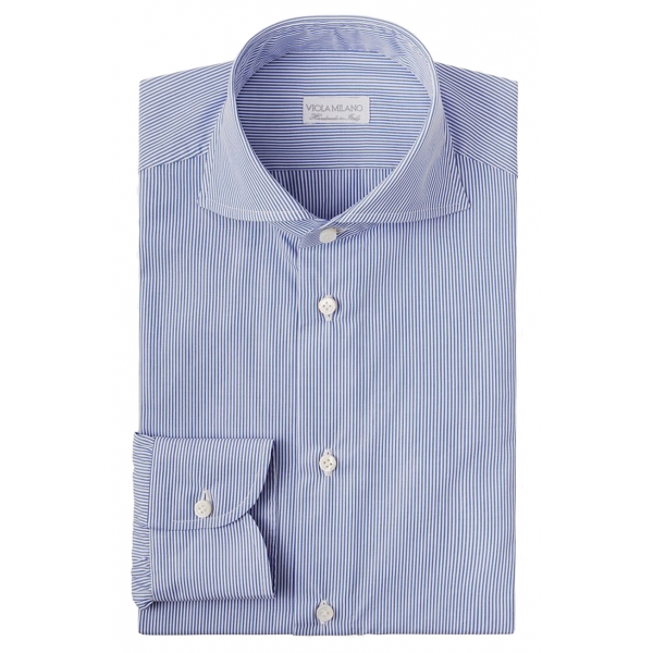 Viola Milano - Classic Stripe Cut-Away Collar Dress Shirt - Navy/White - Handmade in Italy - Luxury Exclusive Collection