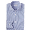 Viola Milano - Classic Stripe Cut-Away Collar Dress Shirt - Navy/White - Handmade in Italy - Luxury Exclusive Collection