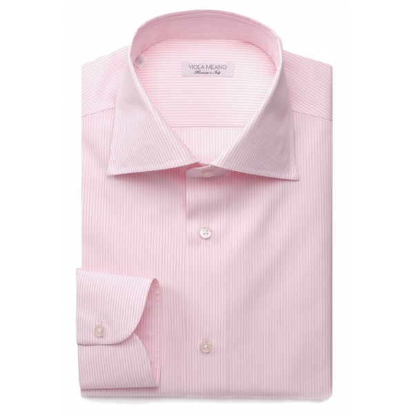 Viola Milano - Classic Stripe Cut-Away Collar Dress Shirt - Pink/White - Handmade in Italy - Luxury Exclusive Collection