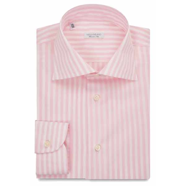 Viola Milano - Classic Stripe Cut-Away Collar Dress Shirt - Pink/White - Handmade in Italy - Luxury Exclusive Collection