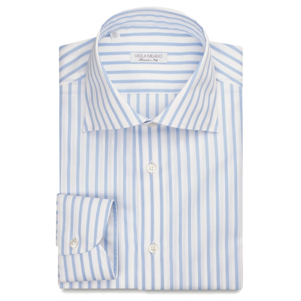 Viola Milano - Classic Stripe Cut-Away Collar Dress Shirt - Sea/White - Handmade in Italy - Luxury Exclusive Collection