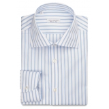 Viola Milano - Classic Stripe Cut-Away Collar Dress Shirt - Sea/White - Handmade in Italy - Luxury Exclusive Collection