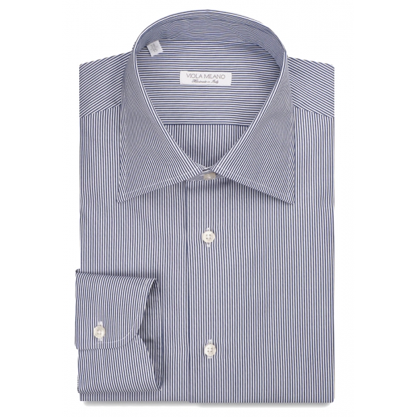 Viola Milano - Classic Stripe Napoli Collar Dress Shirt - Navy/White - Handmade in Italy - Luxury Exclusive Collection
