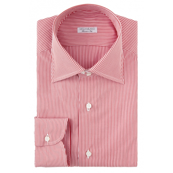 Viola Milano - Classic Stripe Napoli Collar Dress Shirt - Red/White - Handmade in Italy - Luxury Exclusive Collection