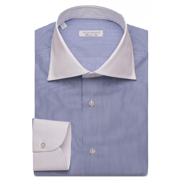 Viola Milano - Contrast Collar Cut-Away Collar Shirt - Navy/White Striped - Handmade in Italy - Luxury Exclusive Collection