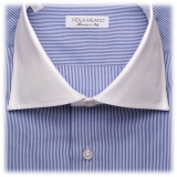 Viola Milano - Contrast Collar Cut-Away Collar Shirt - Navy/White Striped - Handmade in Italy - Luxury Exclusive Collection